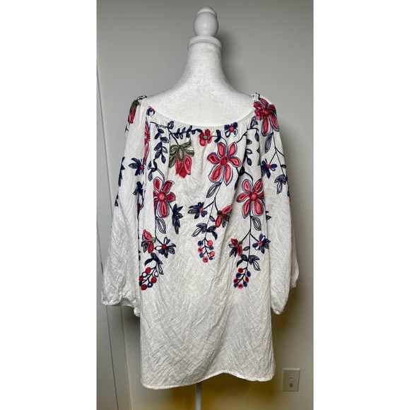 NWT Kindred 2X White Mauve Blue embroidered Floral Blouse Peasant Boho Top Tunic - Picture 5 of 11
